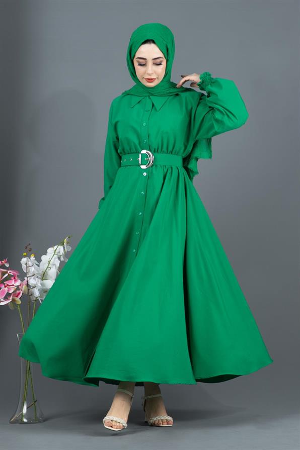 Belt Detailed Elinna Dress-Bentton Green
