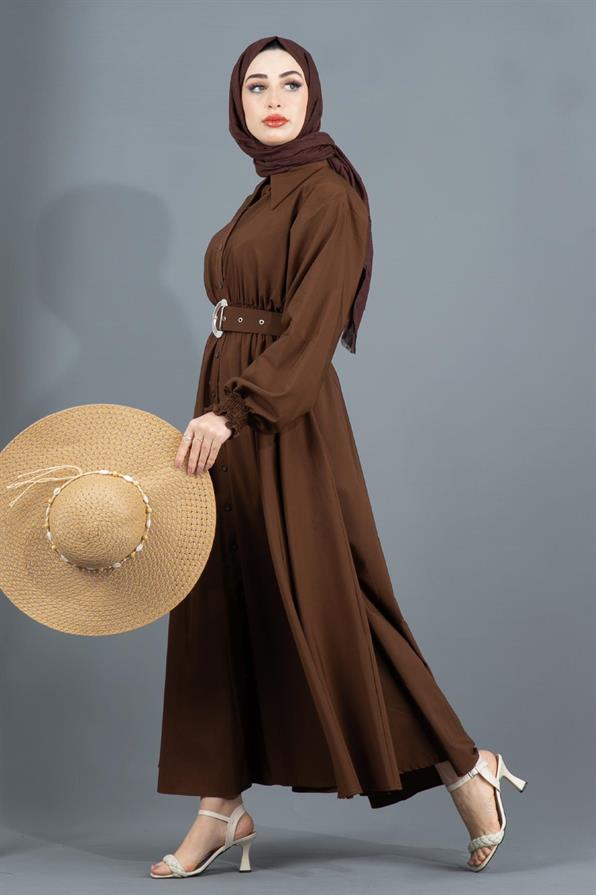 Belt Detailed Elinna Dress-Brown
