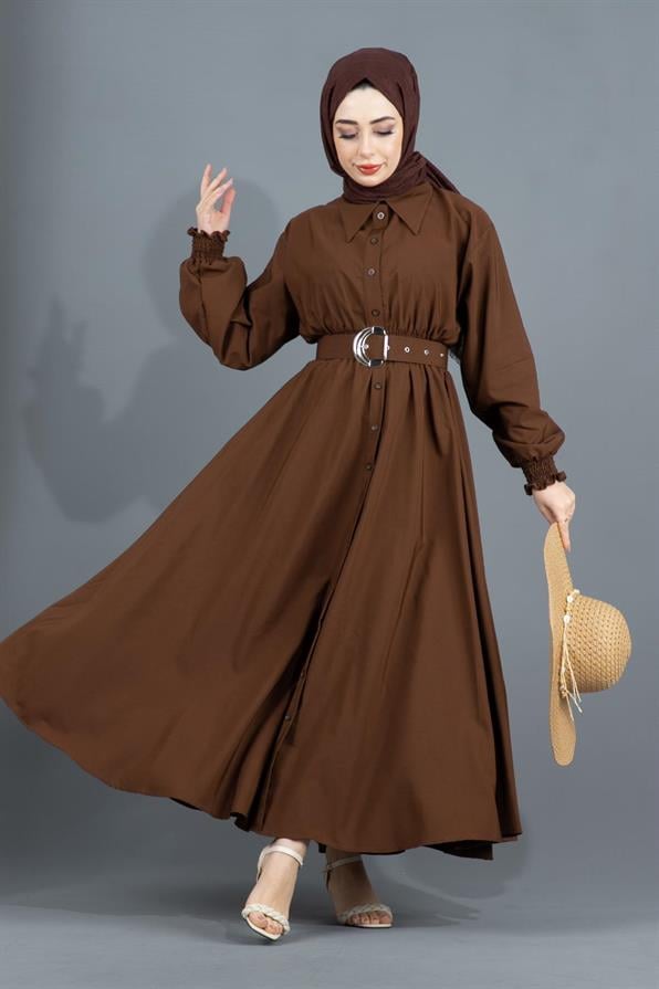 Belt Detailed Elinna Dress-Brown