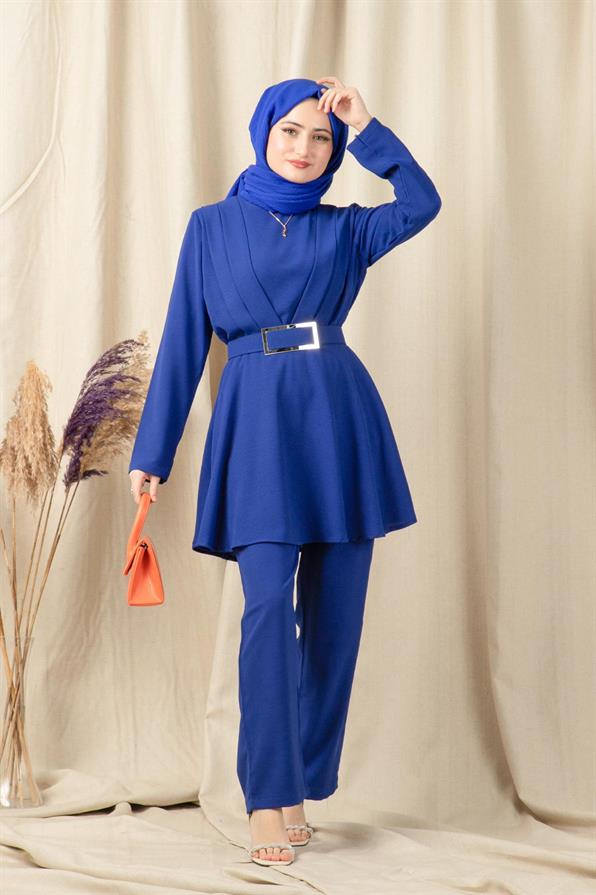 Belt Detailed Women Suit-Sax Blue