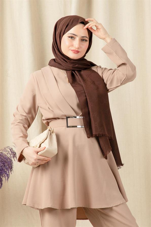 Belt Detailed Women Suit-Mink