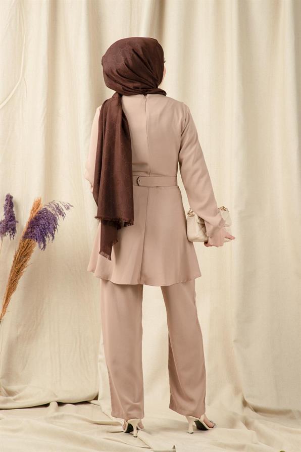 Belt Detailed Women Suit-Mink
