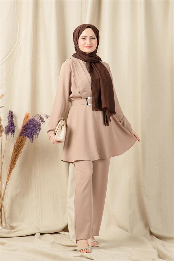 Belt Detailed Women Suit-Mink