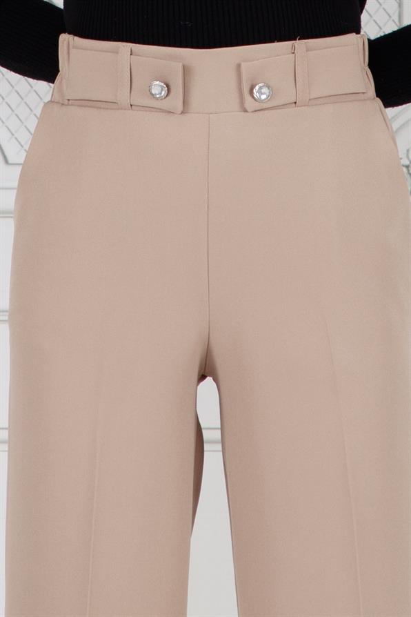 Kemeri Düğme Detaylı Bol Paça Pantolon-VİZON