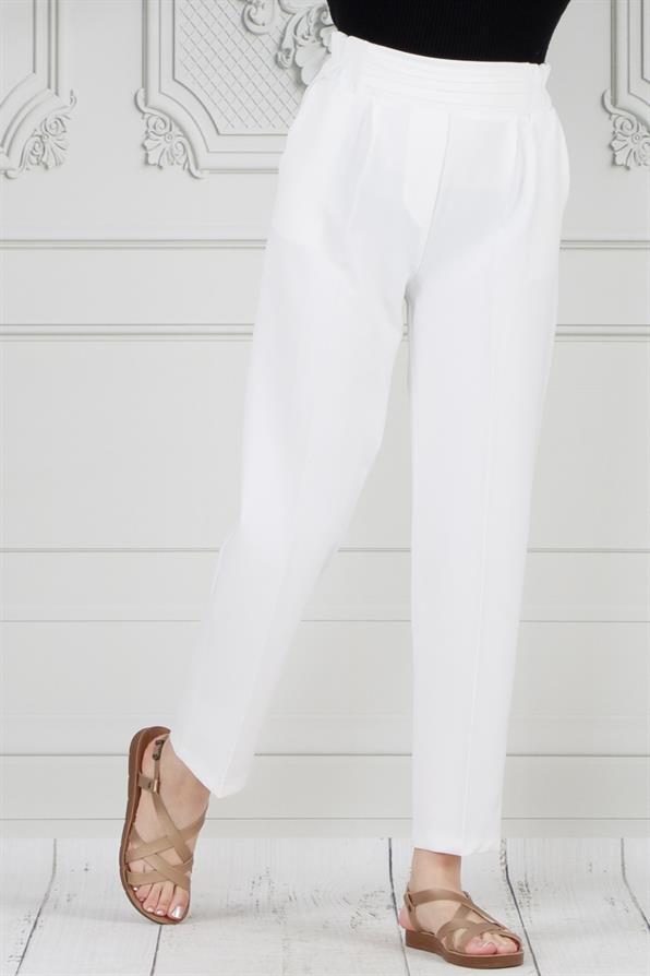 بنطلون مفصل بحزام بساقين غير واسعة- أبيض اللون