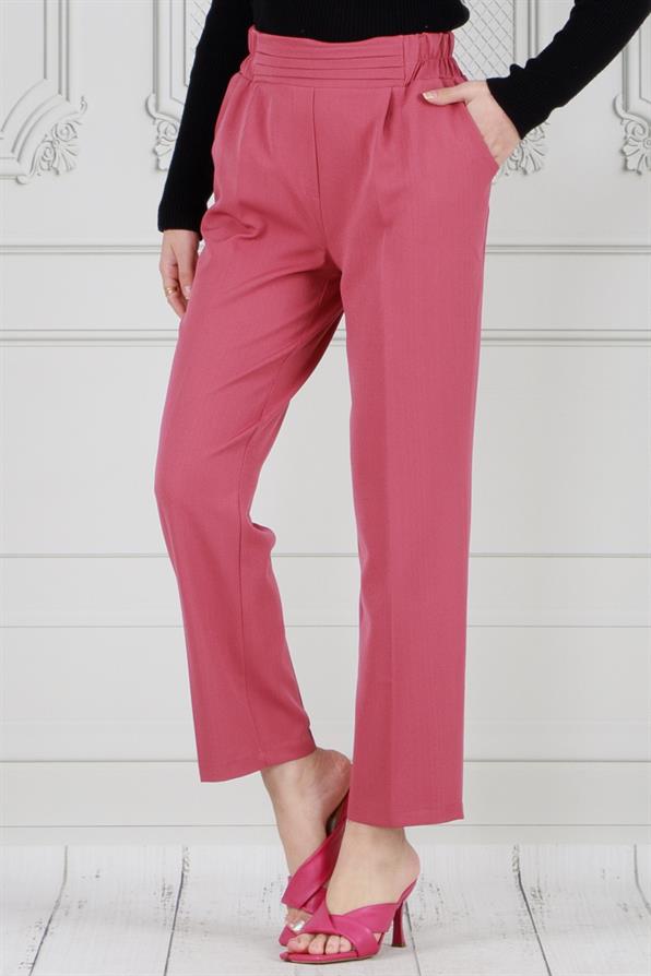 بنطلون مفصل بحزام بساقين غير واسعة- وردي اللون