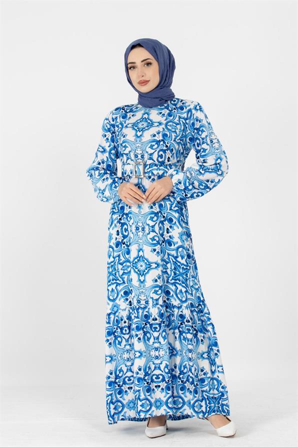 Viscose Belted Dress - Blue