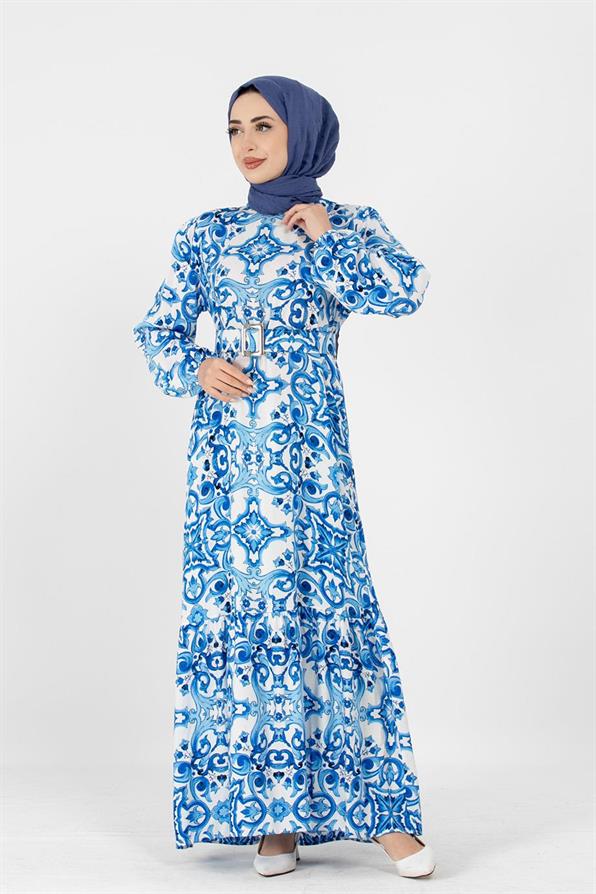 Viscose Belted Dress - Blue