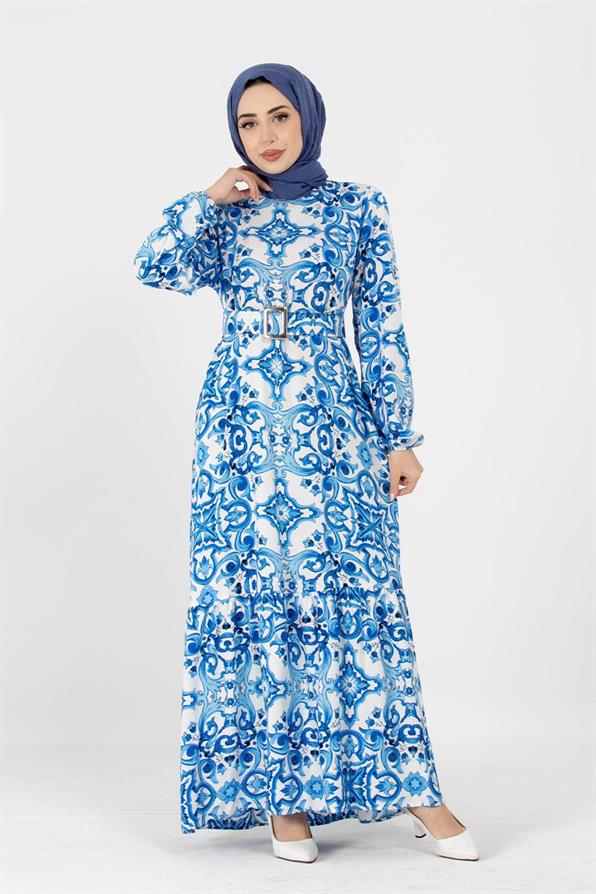 Viscose Belted Dress - Blue