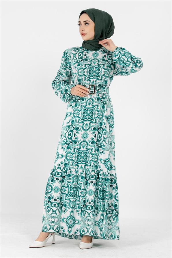 Viscose Belted Dress - Green