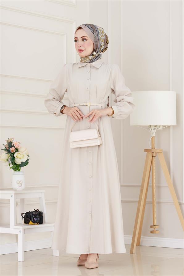 Kemerli Tensel Elbise-Bej