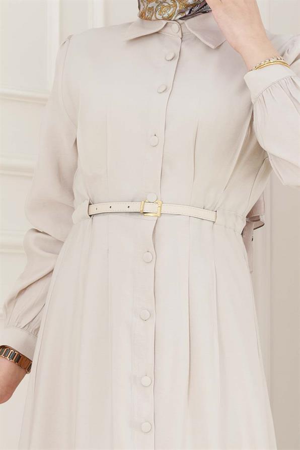 Kemerli Tensel Elbise-Bej