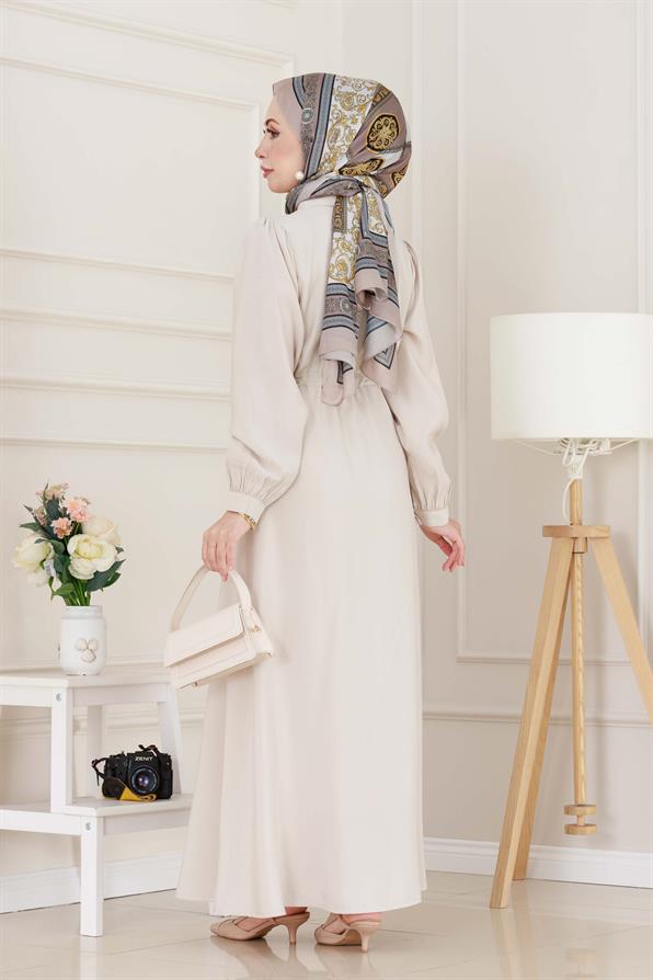 Kemerli Tensel Elbise-Bej