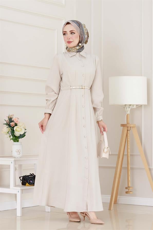 Kemerli Tensel Elbise-Bej