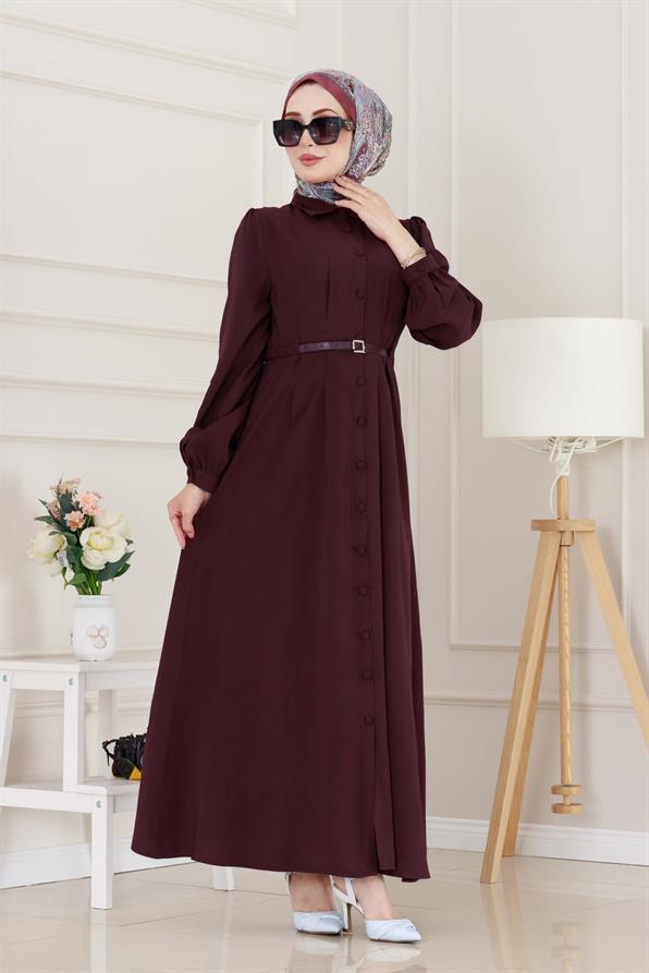 Kemerli Tensel Elbise-Bordo