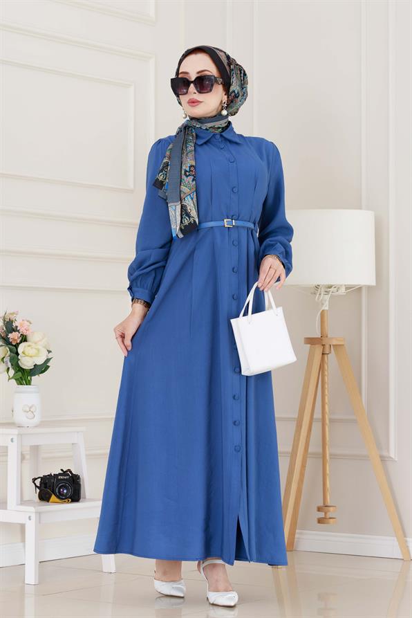 Kemerli Tensel Elbise-İndigo