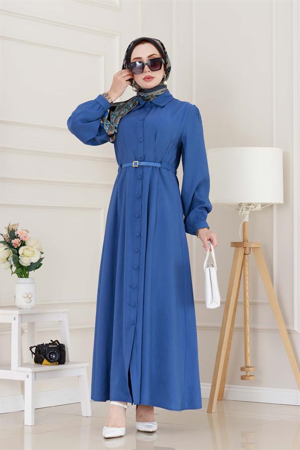 Kemerli Tensel Elbise-İndigo