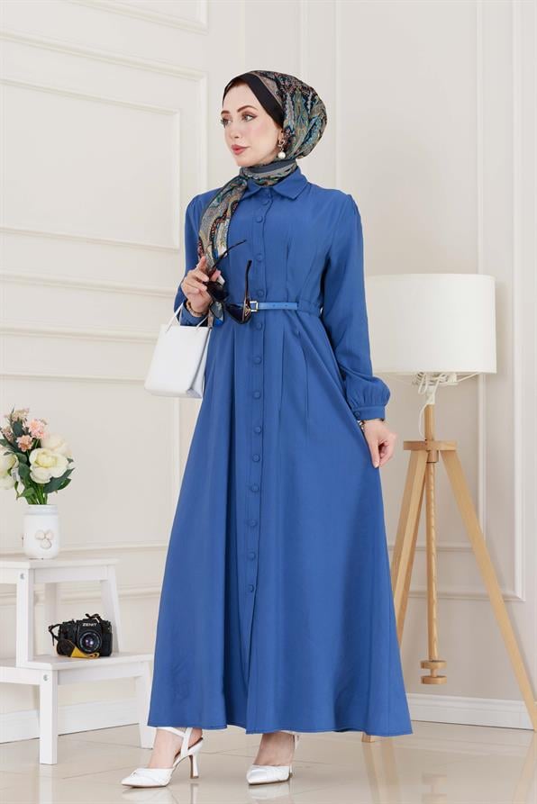 Kemerli Tensel Elbise-İndigo