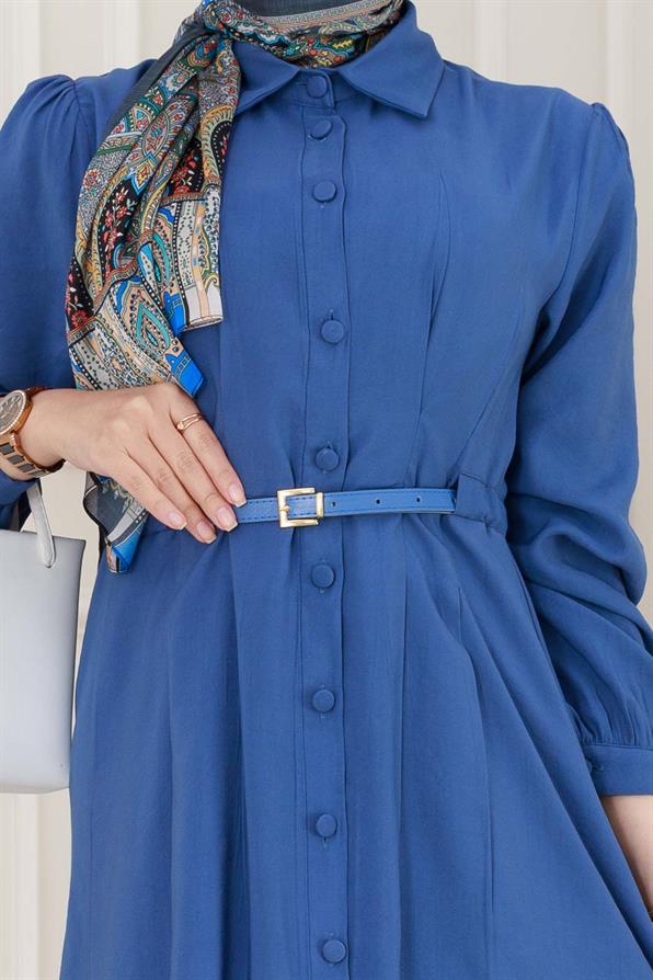 Kemerli Tensel Elbise-İndigo