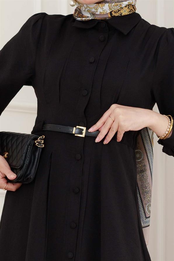 Kemerli Tensel Elbise-Siyah