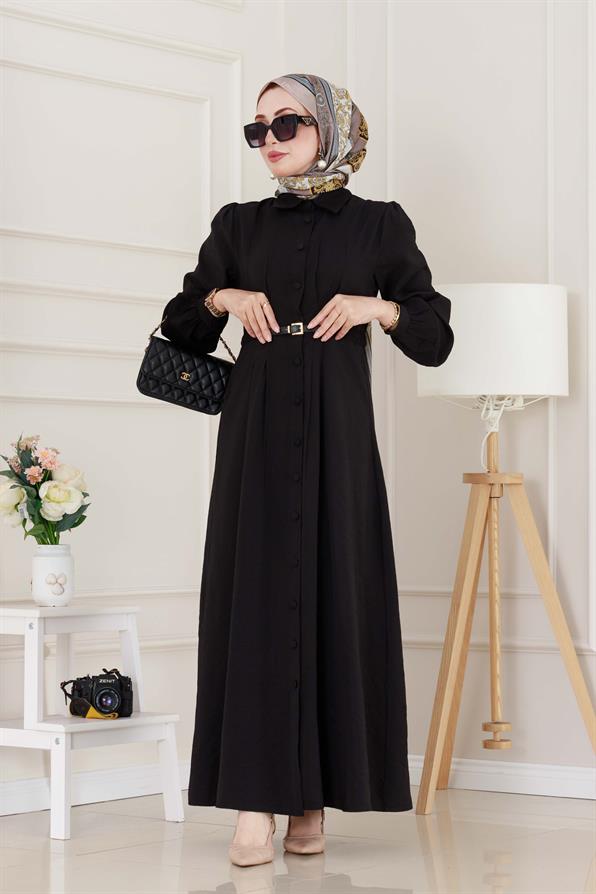 Kemerli Tensel Elbise-Siyah