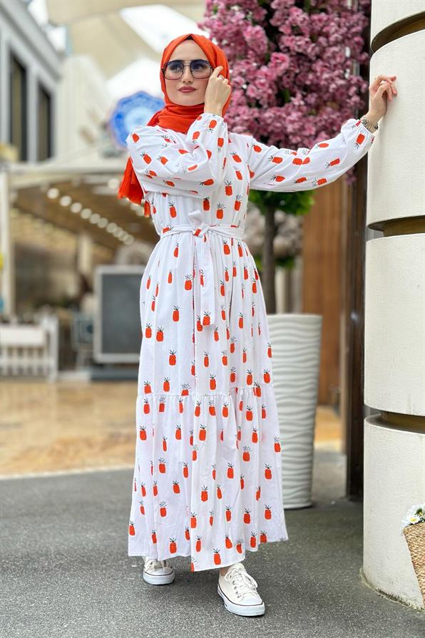 Linen Pineapple-Patterned Long Dress- White