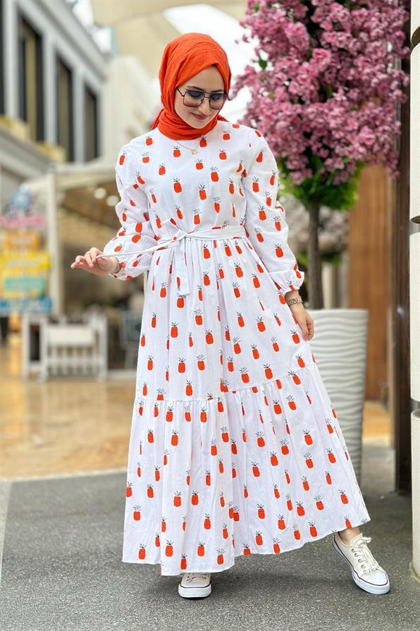 Linen Pineapple-Patterned Long Dress- White