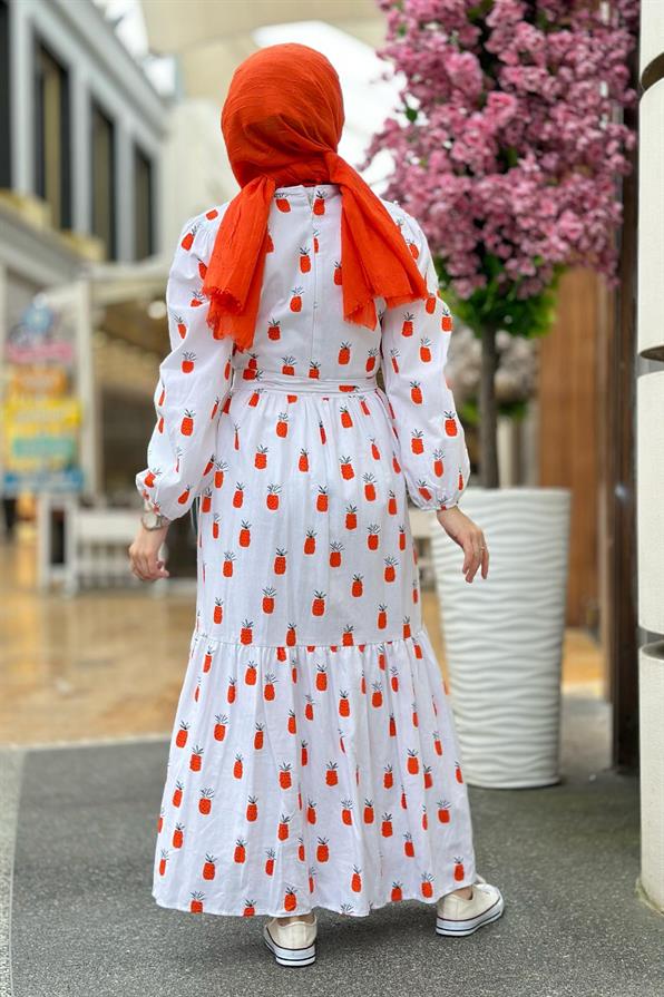 Linen Pineapple-Patterned Long Dress- White