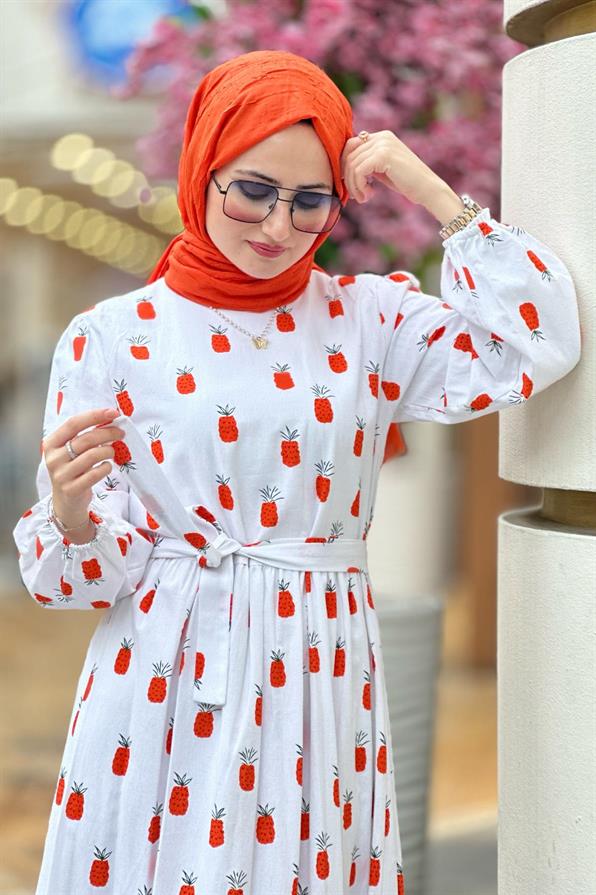 Linen Pineapple-Patterned Long Dress- White