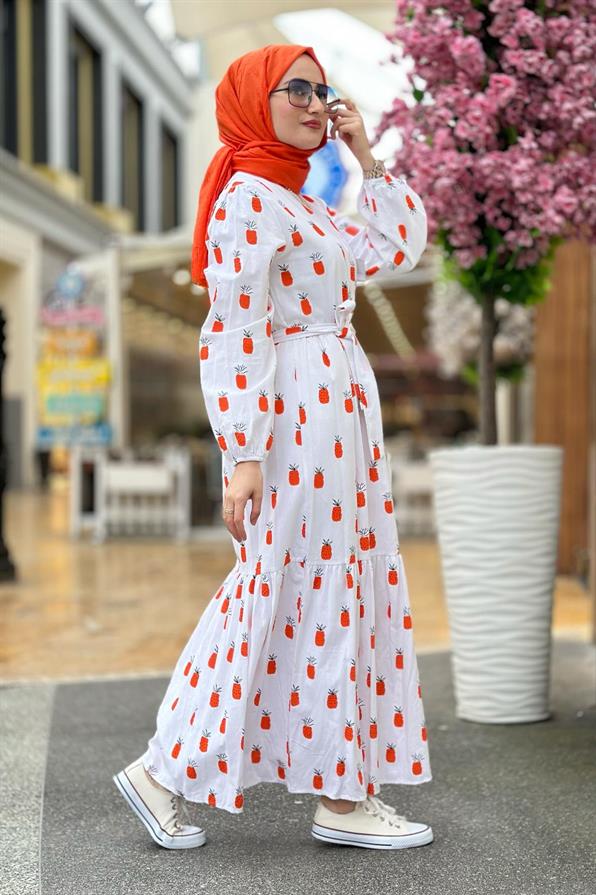 Linen Pineapple-Patterned Long Dress- White