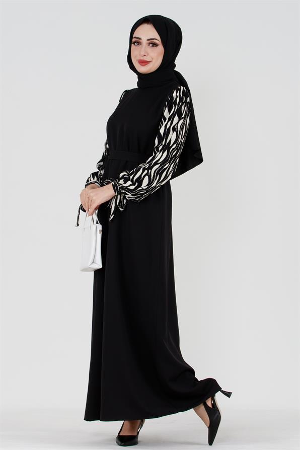 Patterned Hijab Dress - Black