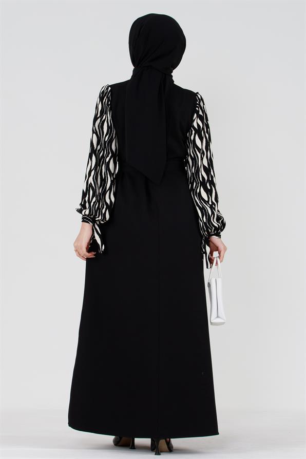Patterned Hijab Dress - Black