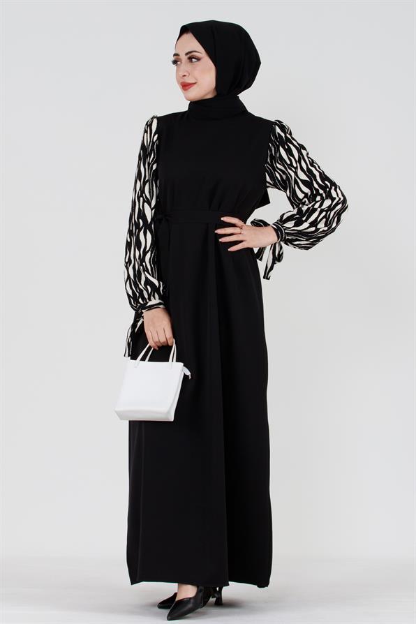 Patterned Hijab Dress - Black