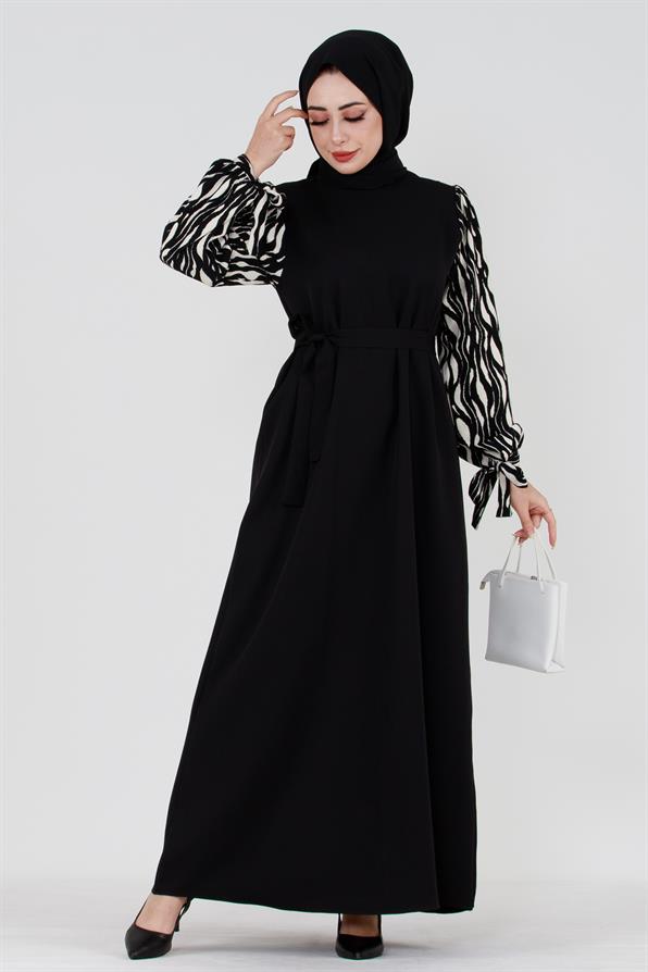 Patterned Hijab Dress - Black