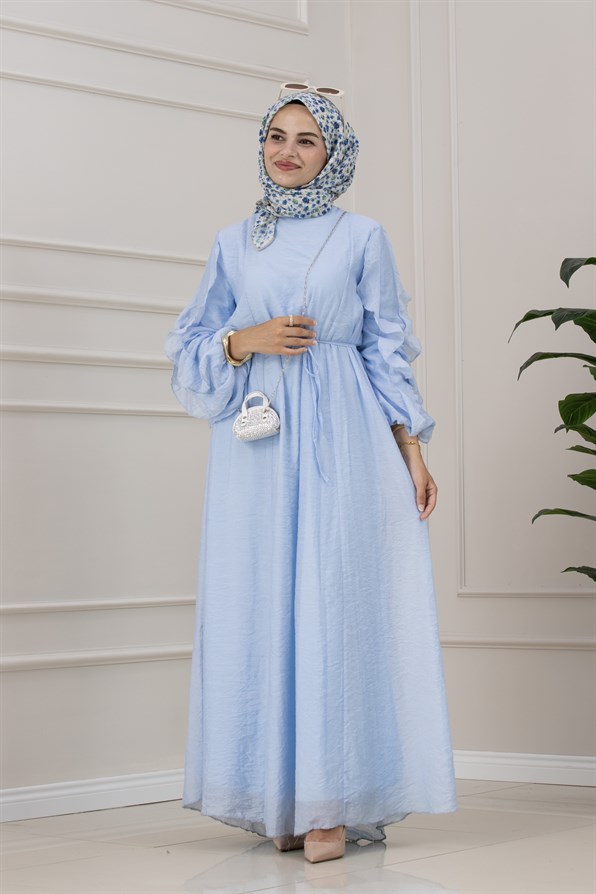 Kolları Fırfır Detaylı Simay Elbise-BEBE MAVİ