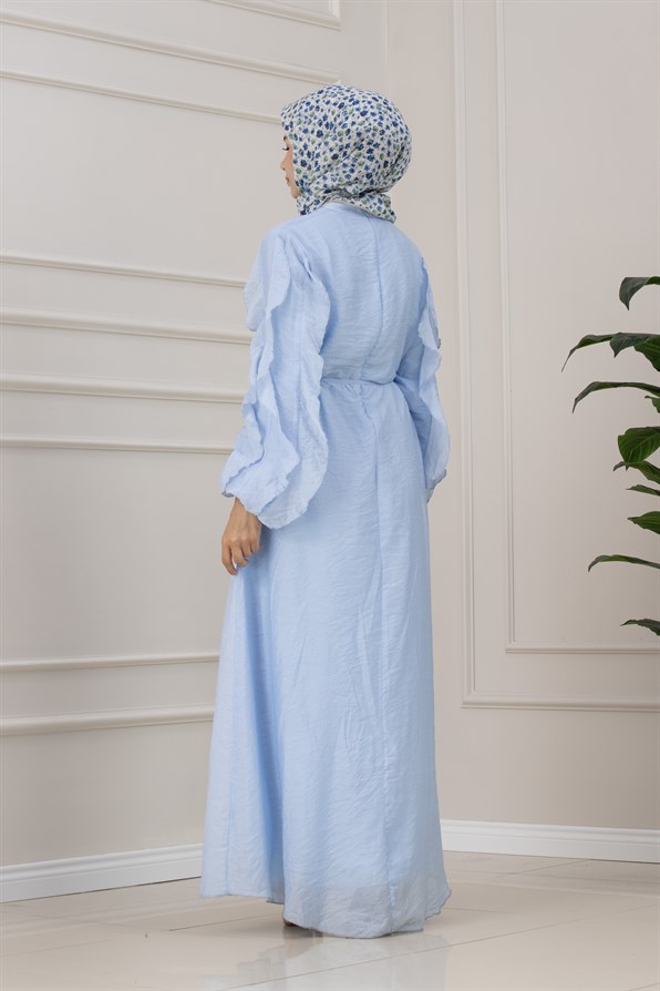 Kolları Fırfır Detaylı Simay Elbise-BEBE MAVİ