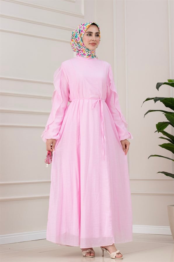 Kolları Fırfır Detaylı Simay Elbise-PEMBE