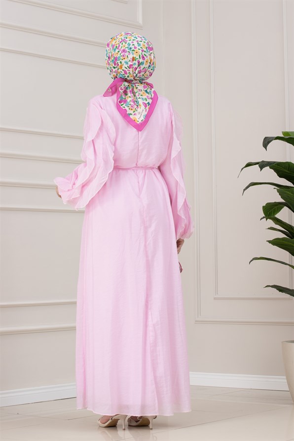 Kolları Fırfır Detaylı Simay Elbise-PEMBE