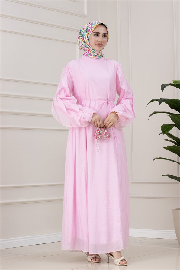 Kolları Fırfır Detaylı Simay Elbise-PEMBE