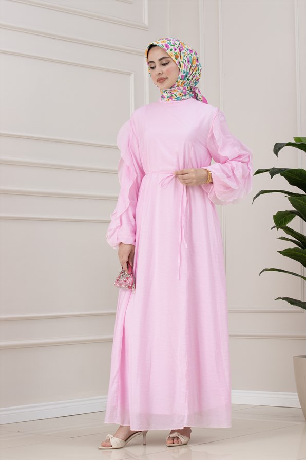 Kolları Fırfır Detaylı Simay Elbise-PEMBE