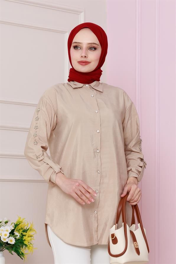 تونيك مع تفاصيل بالأكمام  بلون بيج