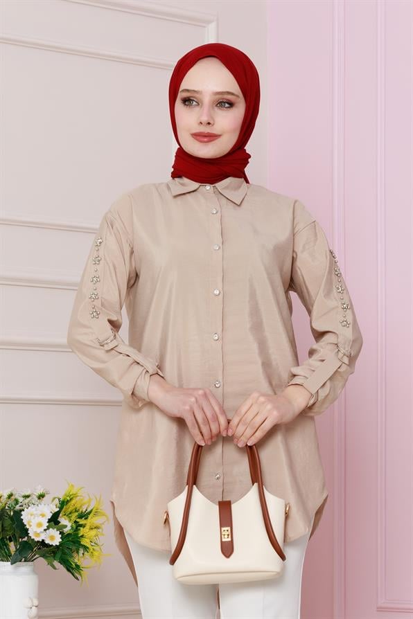 تونيك مع تفاصيل بالأكمام  بلون بيج