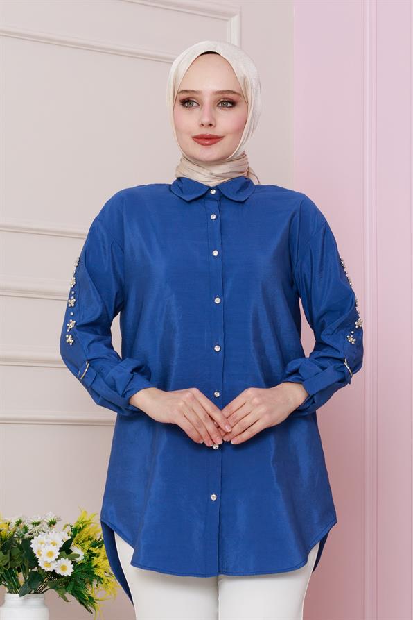 تونيك مع تفاصيل بالأكمام  باللون الأزرق