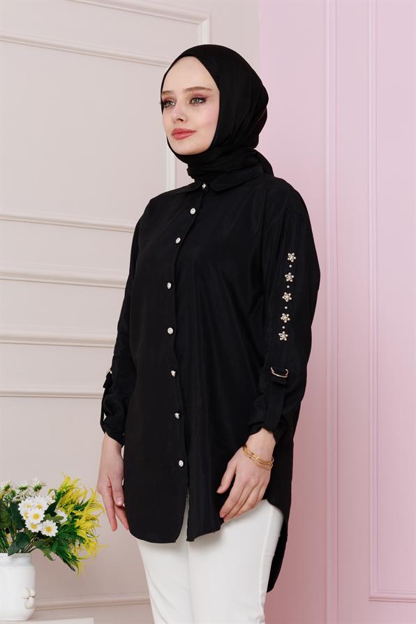 تونيك بتفاصيل على الأكمام - لون أسود