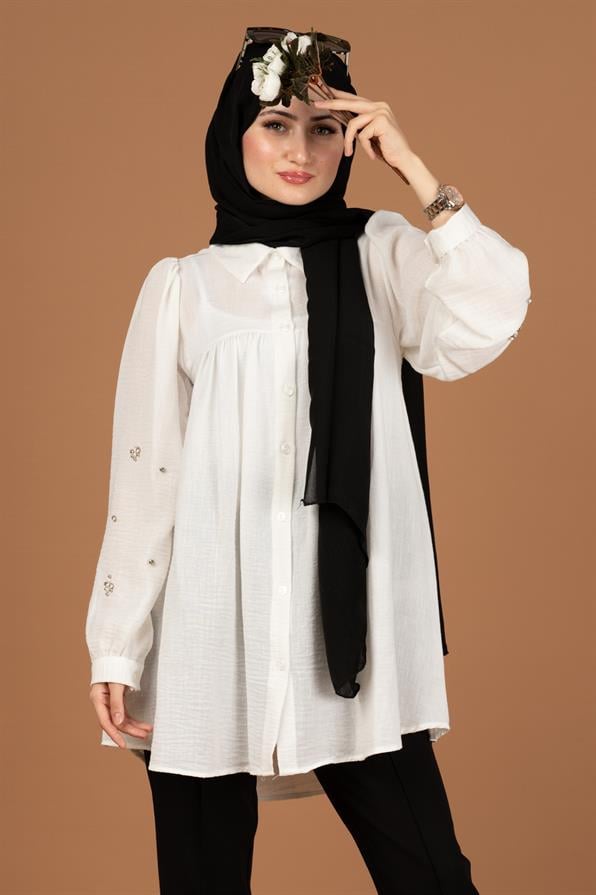 Arm Pearl Detailed Tunic-White