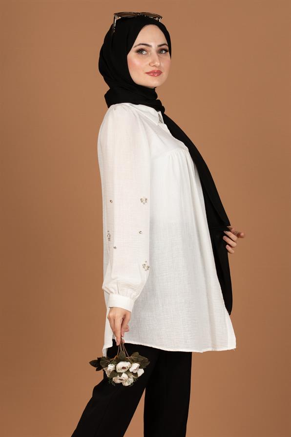 Arm Pearl Detailed Tunic-White