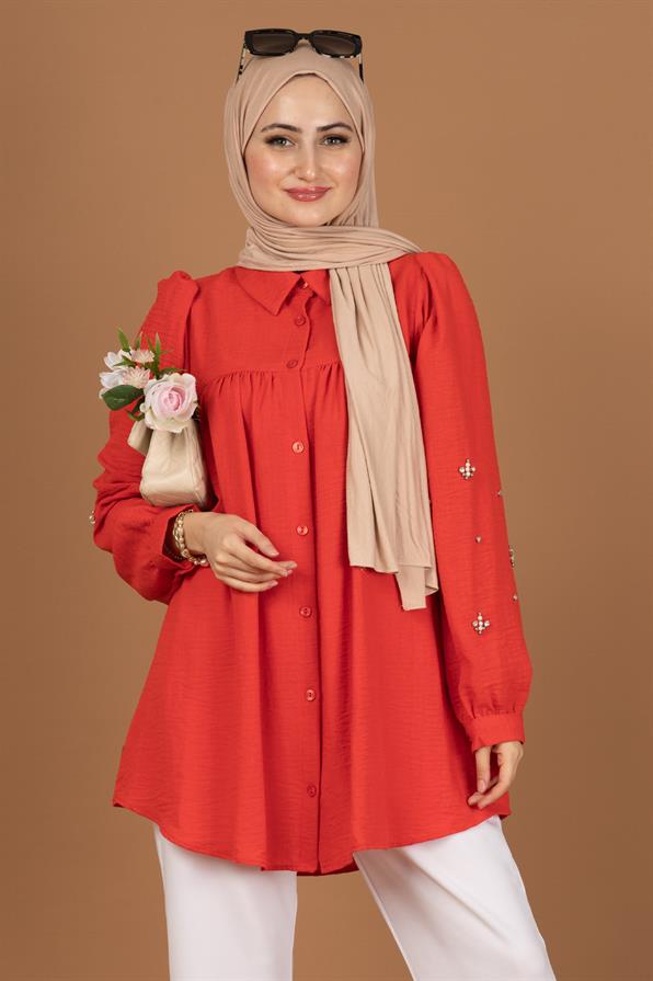 Arm Pearl Detailed Tunic-Pomegranate Flower