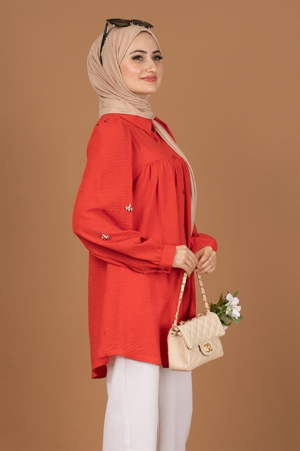 Arm Pearl Detailed Tunic-Pomegranate Flower