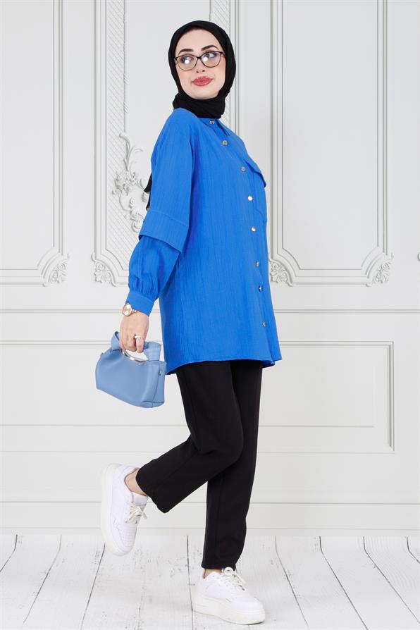 تونيك بتفاصيل على الأكمام - لون أزرق