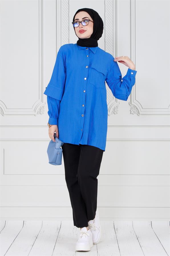 تونيك بتفاصيل على الأكمام - لون أزرق